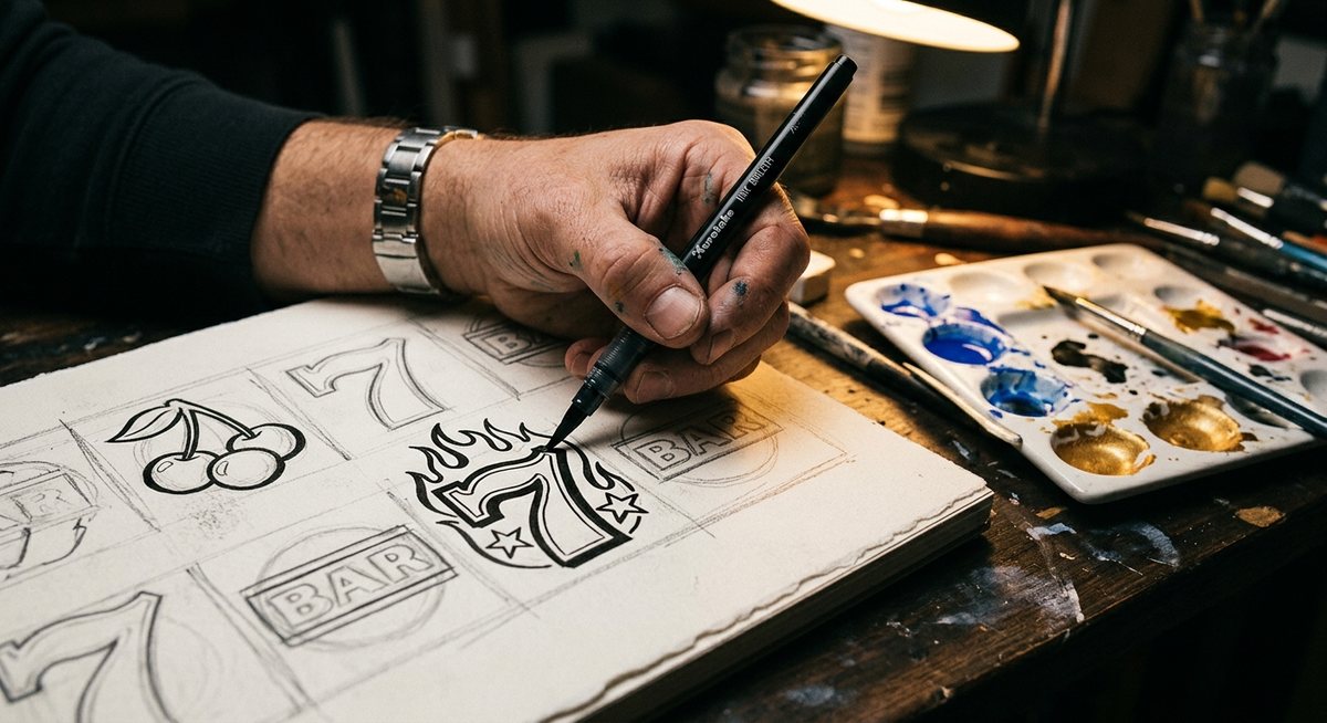 Tangan menggambar garis tinta di atas sketsa pensil di dekat palet warna dan gulungan simbol bercahaya