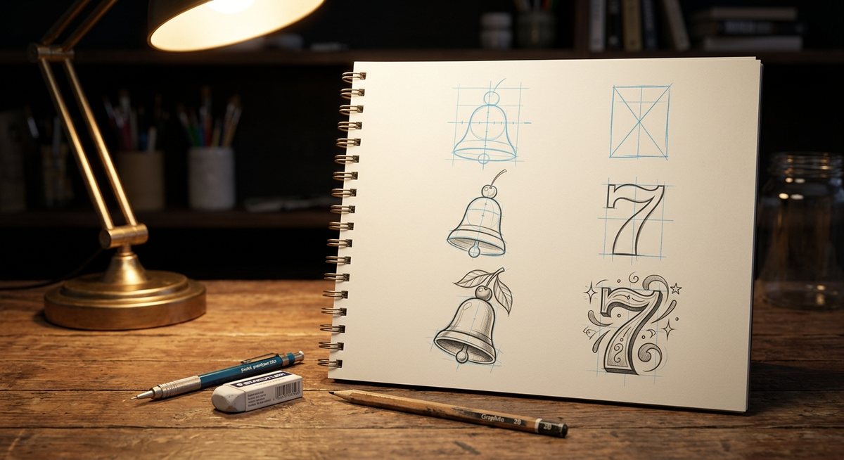 Buku sketsa terbuka berisi tahapan menggambar simbol ceri, angka tujuh, dan bel dengan garis pensil biru di atas meja ilustrator