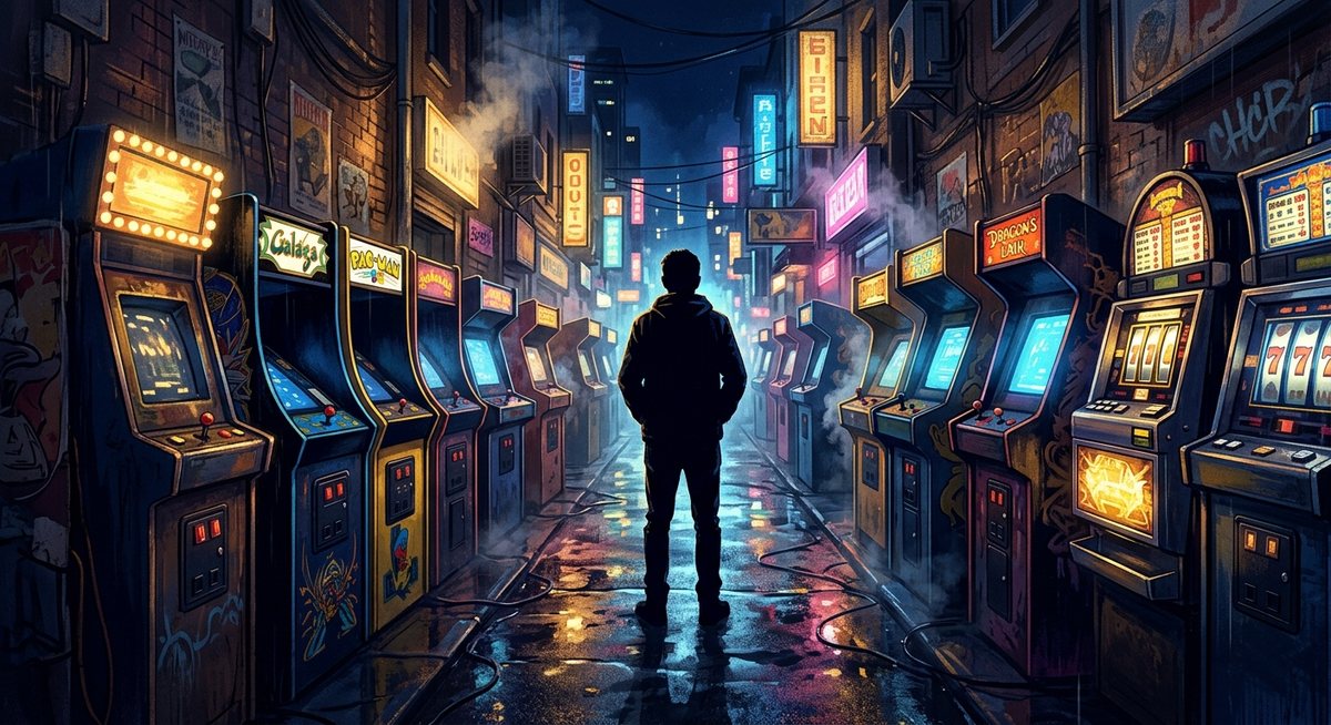 Ilustrasi satu bingkai berupa lorong arena permainan malam hari dengan kabinet menyala dan satu tokoh siluet berdiri termenung
