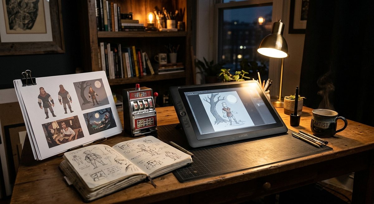 Meja kerja ilustrator dengan tumpukan cetakan portofolio, buku sketsa, tablet gambar, dan model mainan kabinet permainan kecil